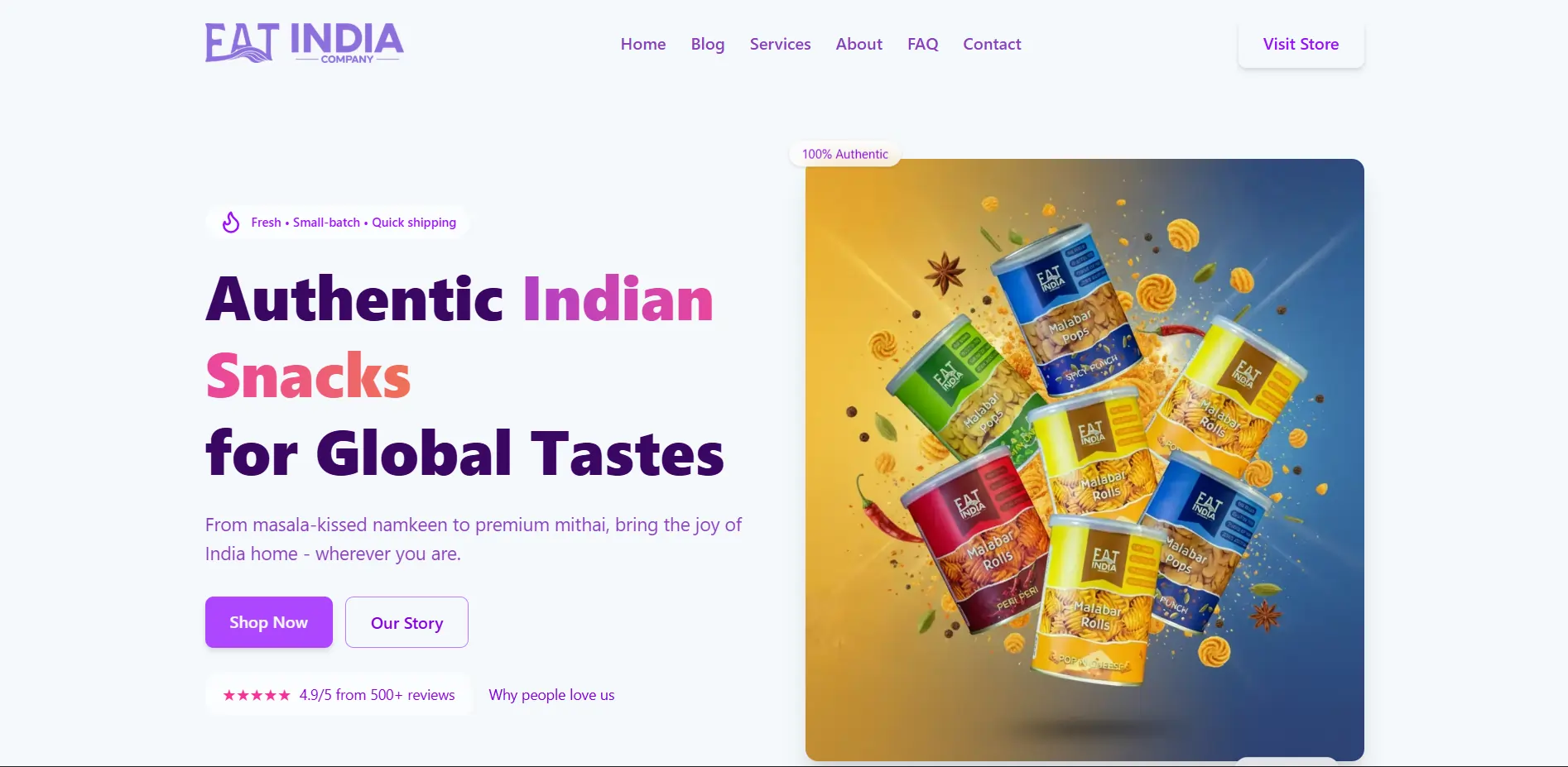 Screenshot of Eat India Company - Premium brand website for authentic Indian snacks, celebrating India's rich culinary heritage with a...