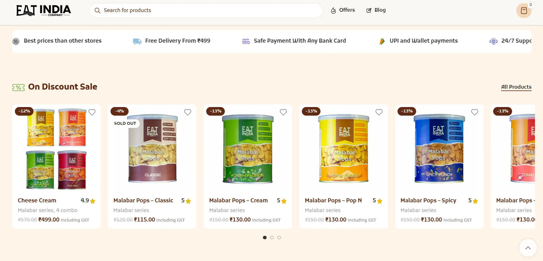Screenshot of Eat India Store - Full-featured e-commerce platform for ordering premium Indian snacks online, featuring dynamic produ...