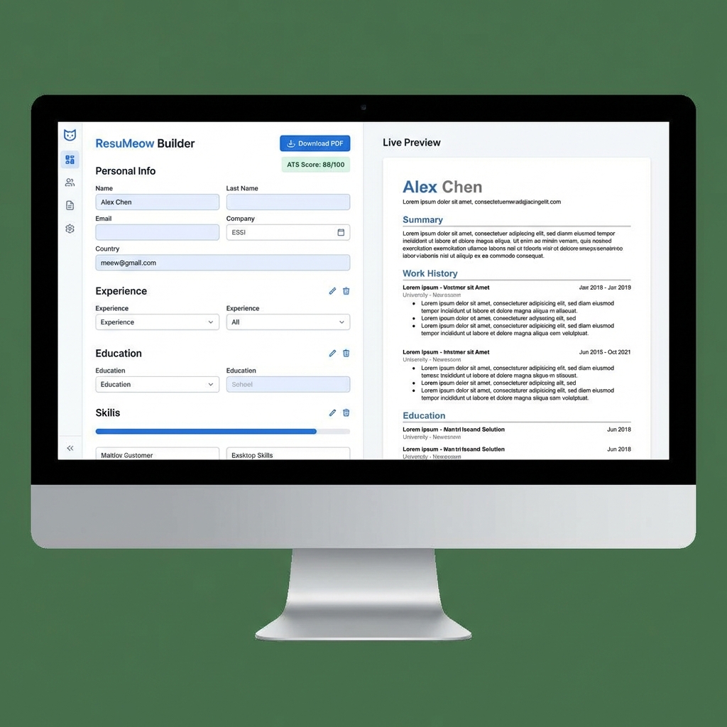 Screenshot of ResuMeow - ATS Resume Builder - Free, privacy-focused ATS-friendly resume builder PWA that parses existing resumes and helps users c...